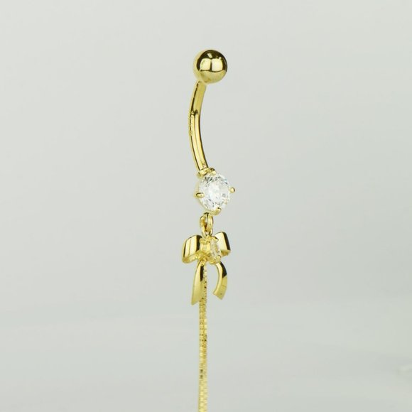 14K Solid Gold Bow Tie Belly Rings Piercings CZ Stones for Womens Chain Piercing - Picture 2 of 5